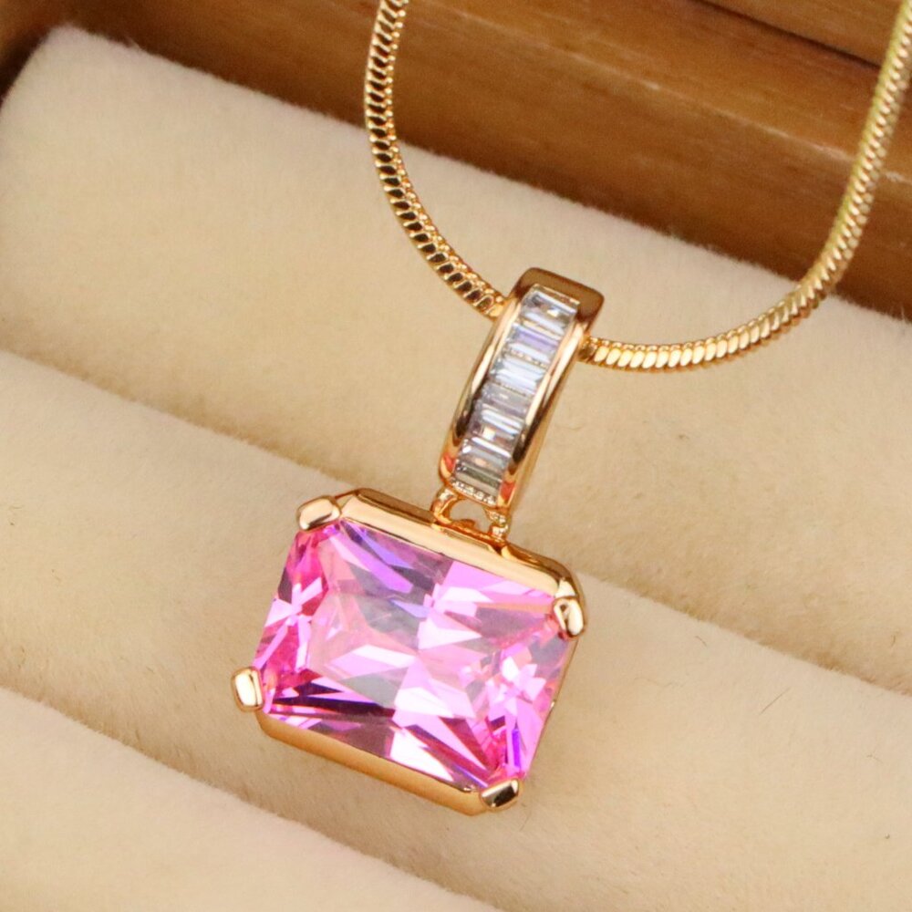 "Chic Pink Emerald Cut Pendant with Baguette Bail in Rose Gold Tone, XPPT1780